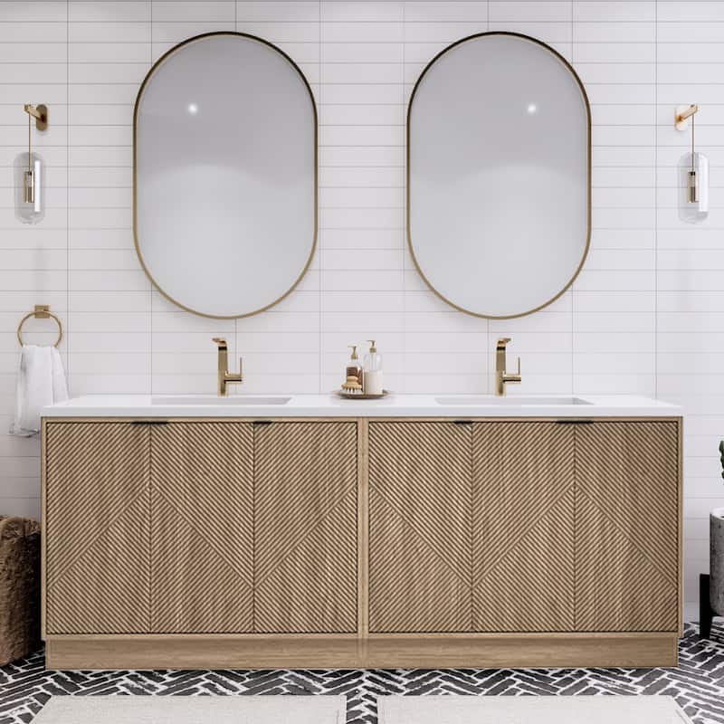 Milano 84" Freestanding Bathroom Vanity with Double White Sink - 83.46" x 19.49" x 35.46'' - Beige