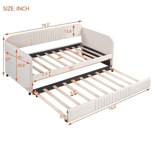 Twin Daybed with Pull-out Twin Size Trundle Bed & Wood Slat Support, Velvet Upholstered Bed Frame for Livingroom Bedroom, Beige