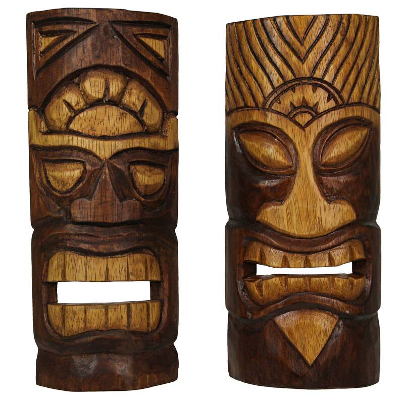 Brown Wood Tiki Mask Wall Hangings-Abstract Design 12 Inch (Set Of 2)