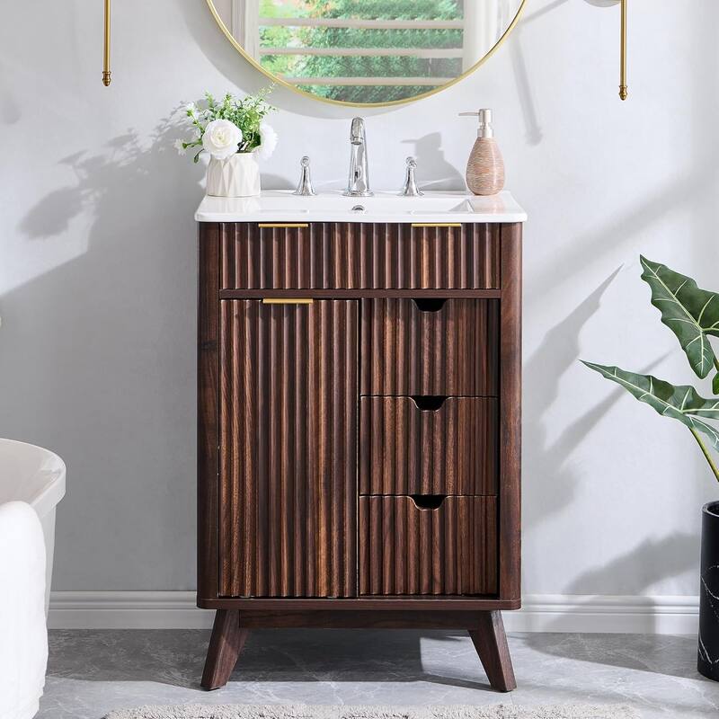 24" Fluted Bathroom Vanity with Ceramic Sink, Modern Bathroom Cabinet