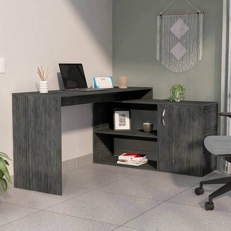 L-Shaped Computer Desk with Storage Cabinet File Cabinet, Large Executive Office Desk with Shelves for Home Office Study, Grey - Gray