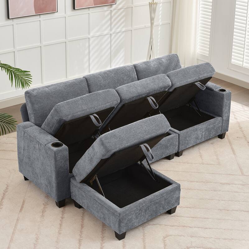 Chenille Sectional Sofa, Hidden Storage & Modular Design