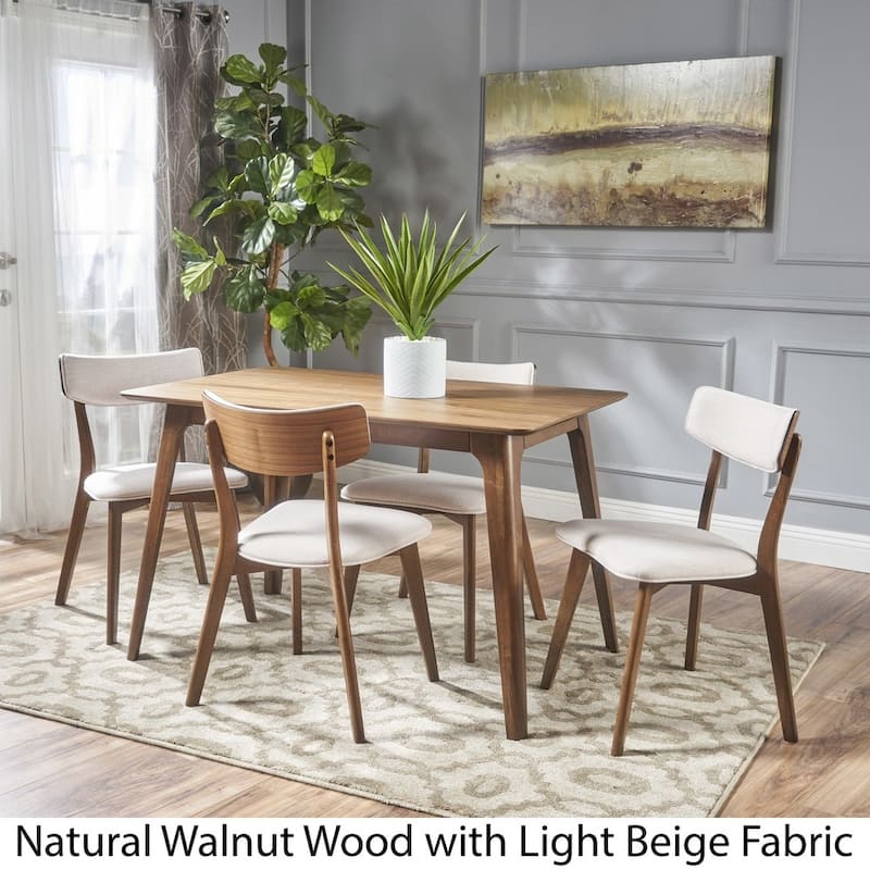 Megann Mid-Century 5-piece Wood Rectangle Dining Set by Christopher Knight Home - Natural Walnut + Light Beige