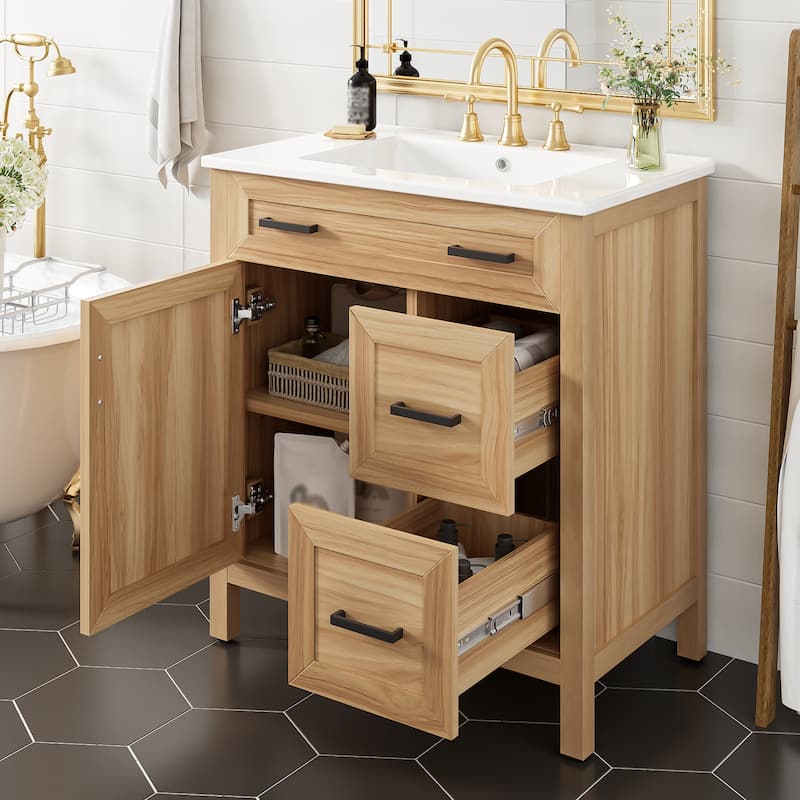 Modern Wood Bathroom Vanity with Ceramic Sink, Soft-Close Storage, Adjustable Shelf by Harper&Bright Designs - Acacia Wood