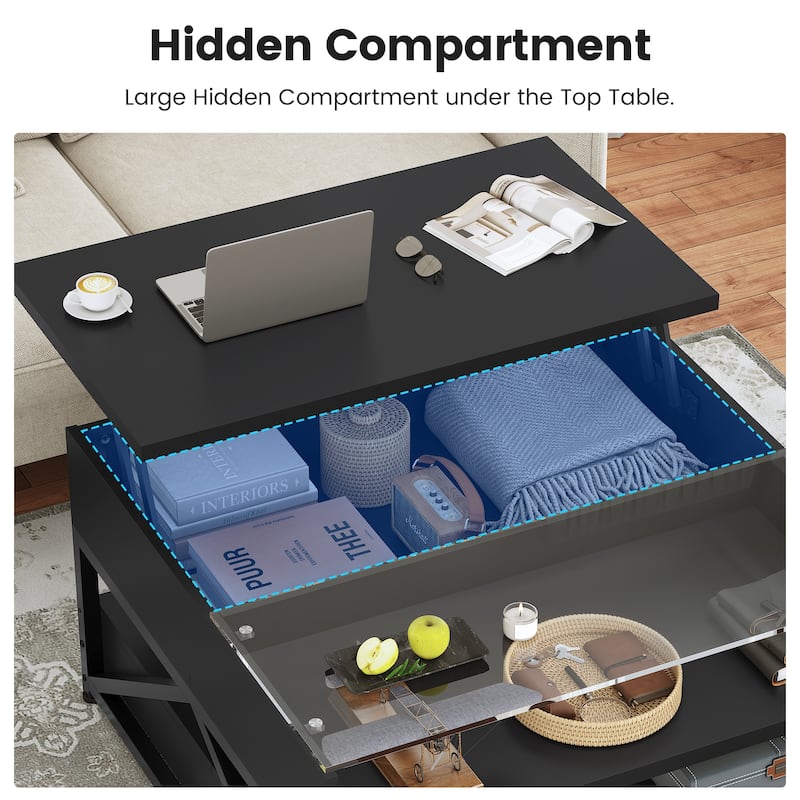 Coffee Table Lift Top 2 Drawers Hidden Compartment for Living Room