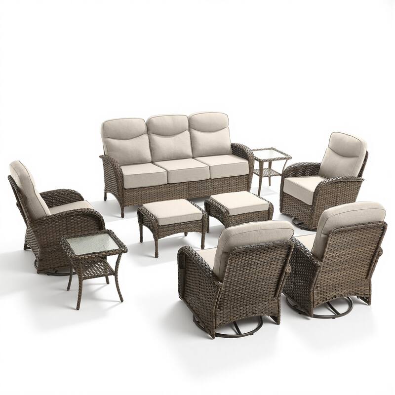 Pocassy Outdoor 9-Piece Sofa Swivel Chair with Ottoman