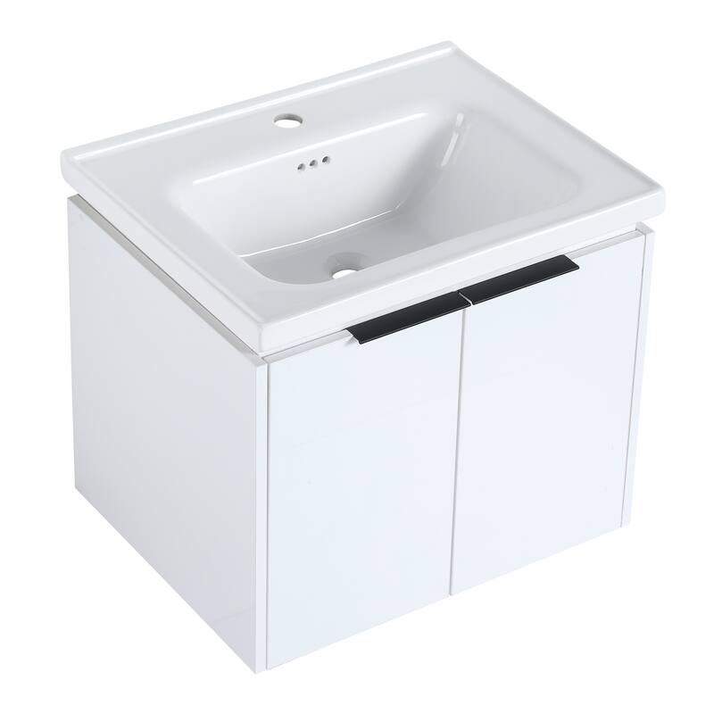 Wall Mounted Bathroom Vanity with Ceramic Basin, Soft Closing Doors, and Metal Handles for Modern Bathroom Storage
