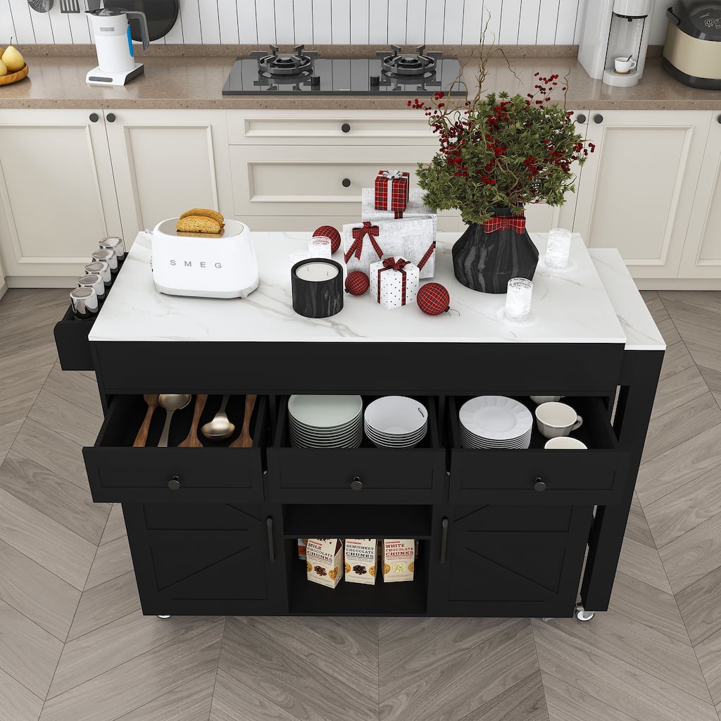 Black Extendable Kitchen Island with 4 Cabinets & 2 Drawers, Rolling Kitchen Cart with Spice Rack & Pull-Out Table
