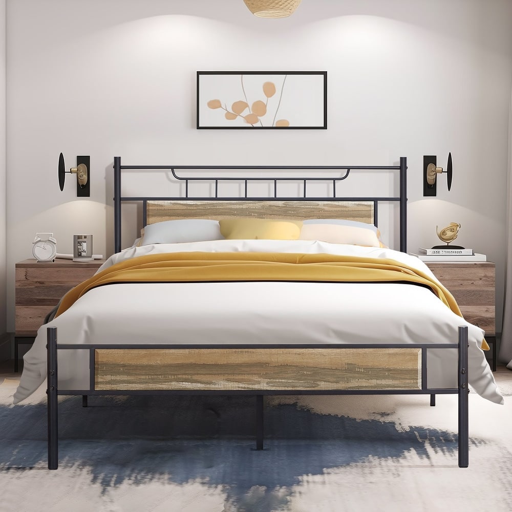 Javlergo Industrial Metal Bed Frame with Wooden Headboard, No Box Spring Needed, Slate