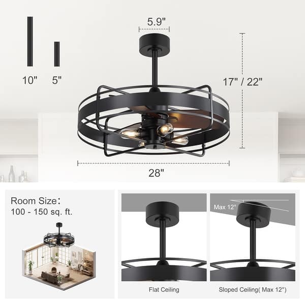 dimension image slide 1 of 11, 16.5"/18.5"/20"/23.6"/24"/28" Vintage Distressed White Low Profile Caged Ceiling Fan with Light and Remote (7/6/5/3-Blade)