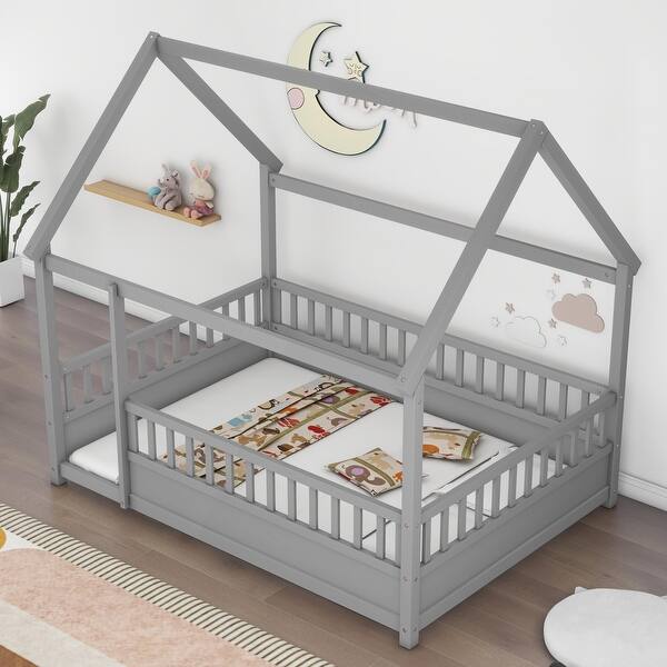 slide 2 of 37, Wooden Floor Bed with House Roof Frame and Guardrails