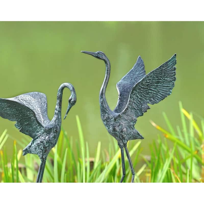 Exalted Crane Verdigris Finish Pair Of Aluminum Statues - 28.5 X 10.5 X 6 inches
