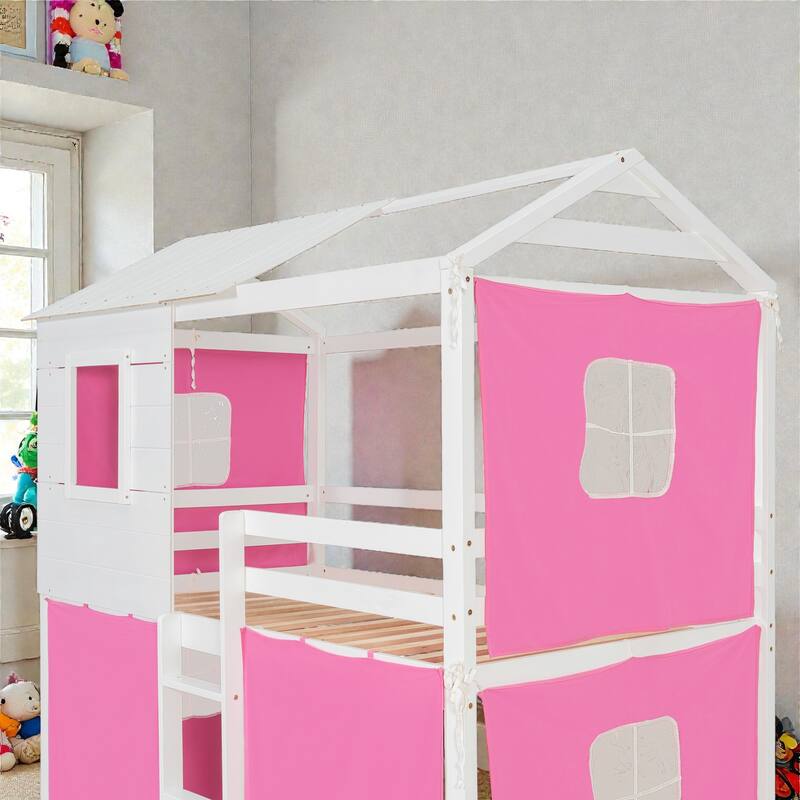 Twin/Full Wood House Bunk Bed with Tent, Playhouse Design, Windows & Roof, Solid Wood Frame, No Box Spring Required