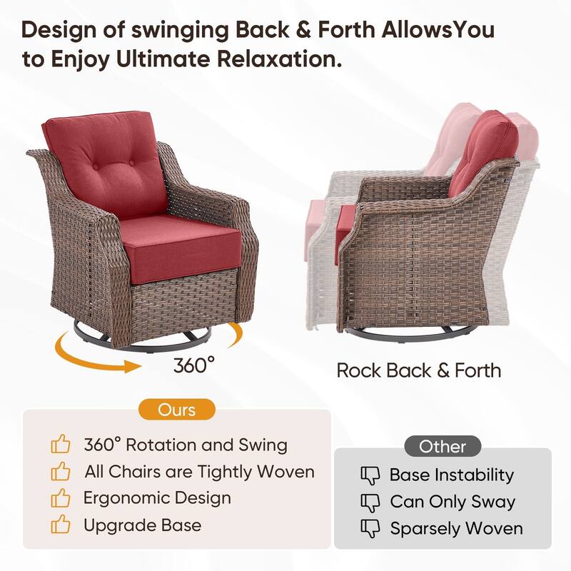 Pocassy Patio 7 Piece Sofa Swivel Chair Ottoman with Fire Table