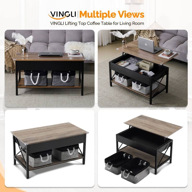 VINGLI Adjustable with Crossbar, Black Side X-shaped Metal Frame, Rectangular, Gray Washboard Coffee Table