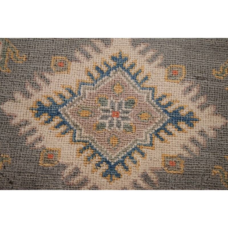 Grey Geometric Kazak Runner Rug Handmade Wool Carpet - 2'10" x 9'10"
