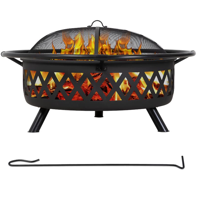 42 inches Outdoor Fire Pit with Spark Screen and Log Poker - Silver/Black