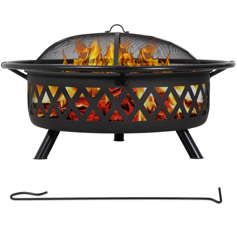 Black Cross Weave Large Round Steel Wood Burning Fire Pit with Spark Screen - 42.1 in. x 25.2 in.