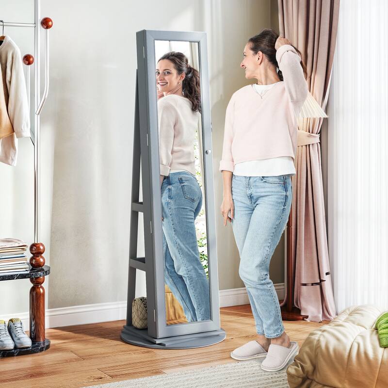 HOMCOM 360° Swivel Jewelry Cabinet, Lockable Jewelry Armoire Organizer with Full-Length Mirror for Bedroom Living Room