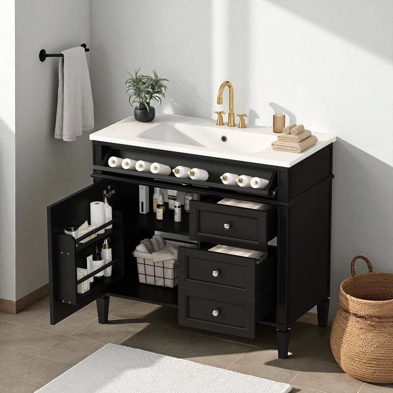 36 Inch Bathroom Vanity with Sink, Freestanding Cabinet with 2 Drawers, Tip-Out Drawer, Soft-Close Door & Resin Basin
