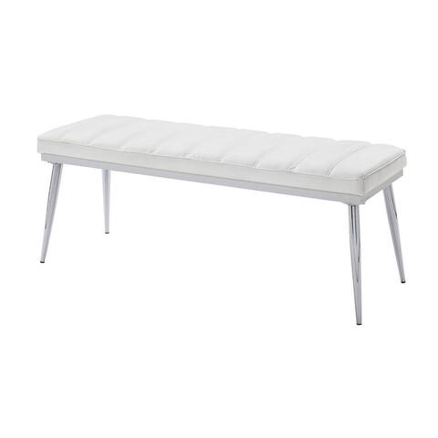 Metal and Faux Leather Bench with Vertical Chanel Tufts, White and Chrome