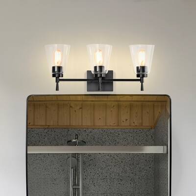 Matte Black 3-Light Modern Vanity Light with Clear Cone Glass Shades