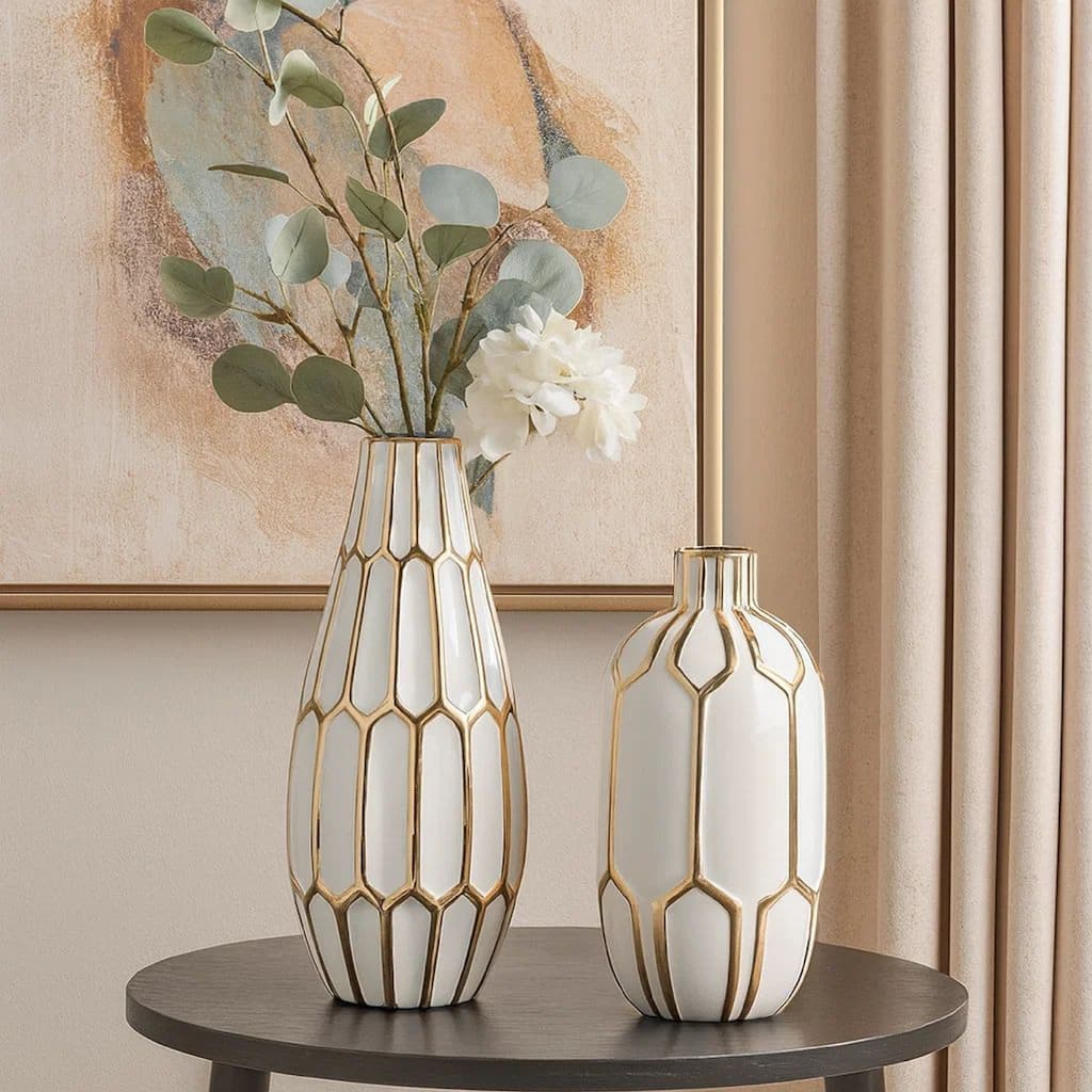 Vase with Honeycomb Geometric Design, Set of 2, White and Gold