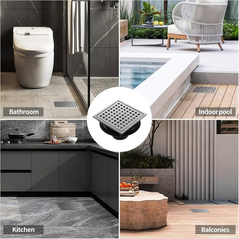 PROOX 6 inch Square Shower Floor Drain with Flange Removeable Grid Panel - 6 in.