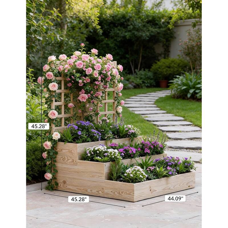 3-Tier Wooden Raised Garden Bed, with Trellis