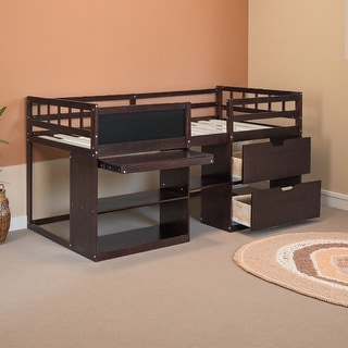 Twin Size Solid Wood Low Loft Bed with Rolling Desk, 2 Drawers and ...