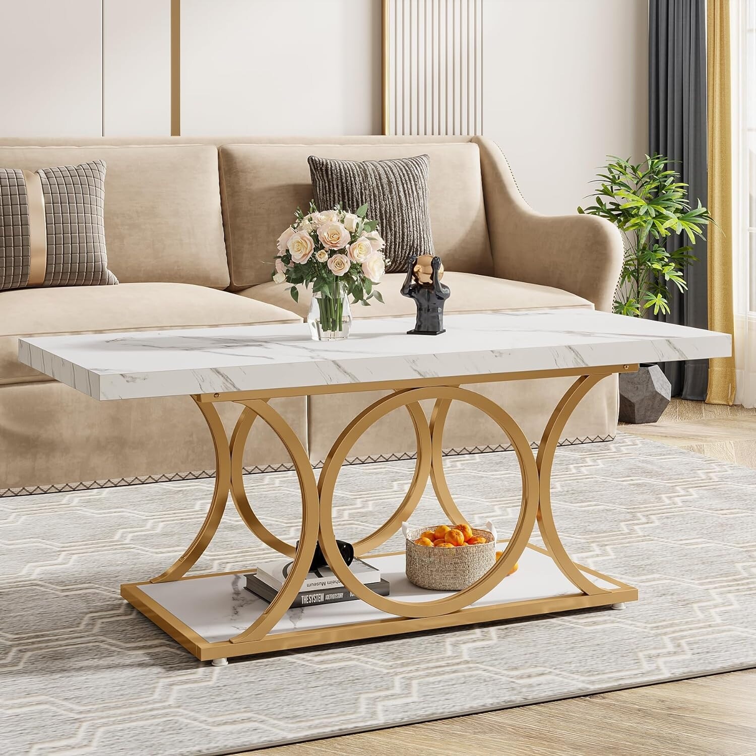 47 In White Coffee Table, Modern 2-Tier Coffee Tables for