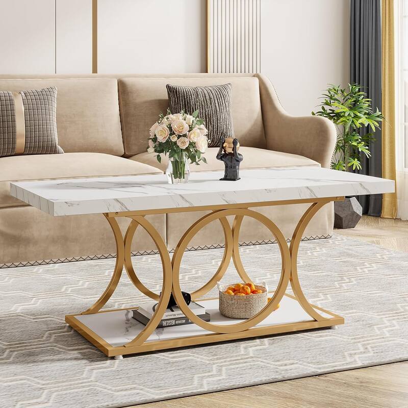 47.24-inch Rectangle Coffee Table, 2-Tier Modern Faux Marble Coffee Tables - White & Gold