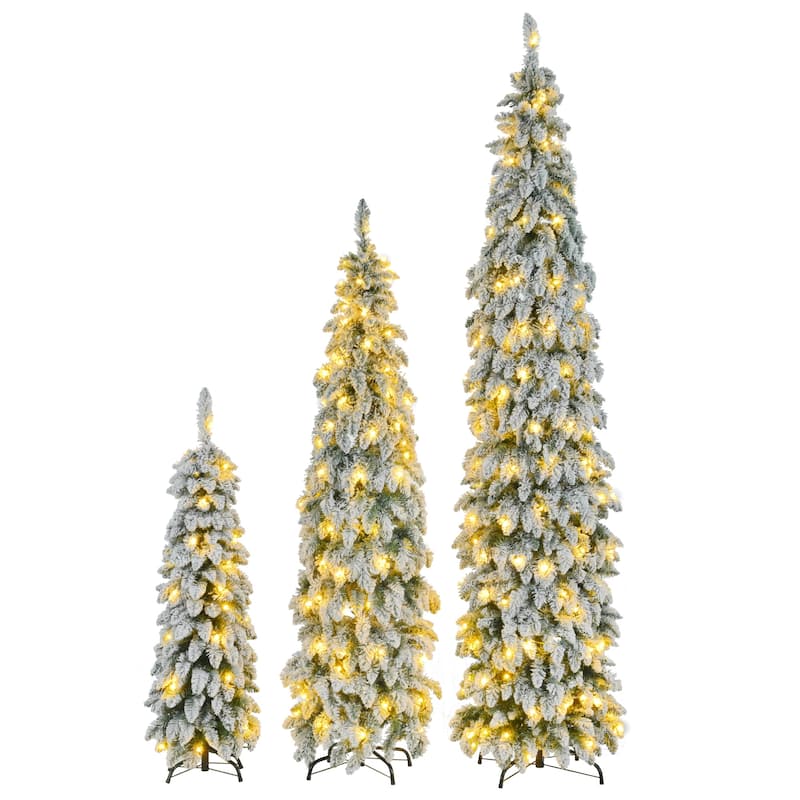8FT, 6FT, 4FT Pre-Lit Pencil Christmas Trees, 3-set Slim Artificial Christmas Tree With Snow Flocking, 11 Lighting Modes