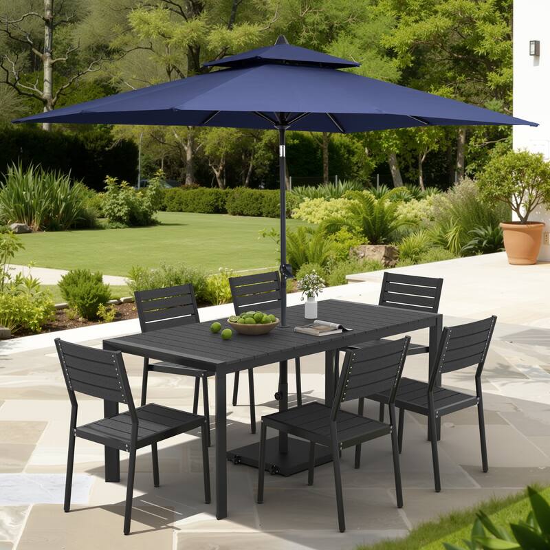 9/11-Piece Outdoor Dining Set Aluminum Table and Stackable Chairs w/10 ft Umbrella and Base - Set of 9 - Black Table with Navy Blue Umbrella