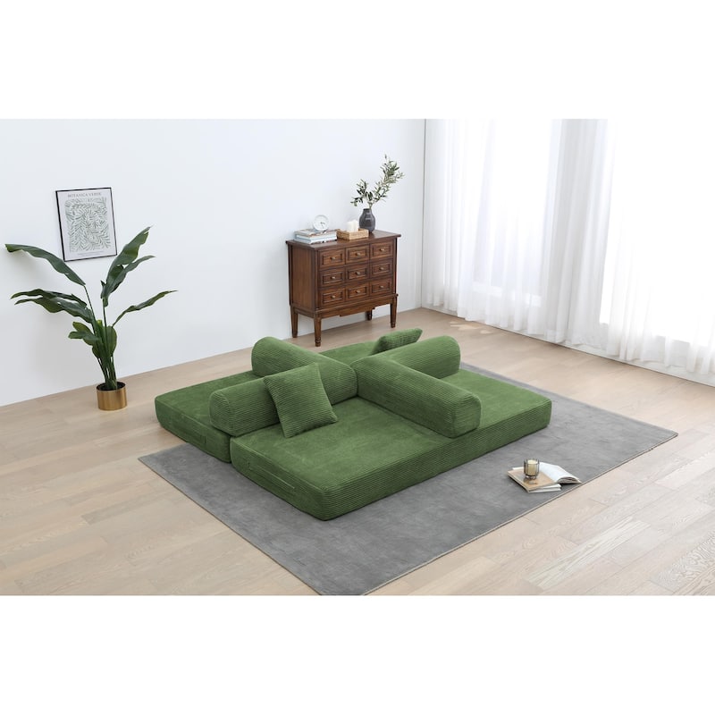 Convertible Sleeper Sofa Bed Corduroy Folding with Cylindrical Pillow Living Room