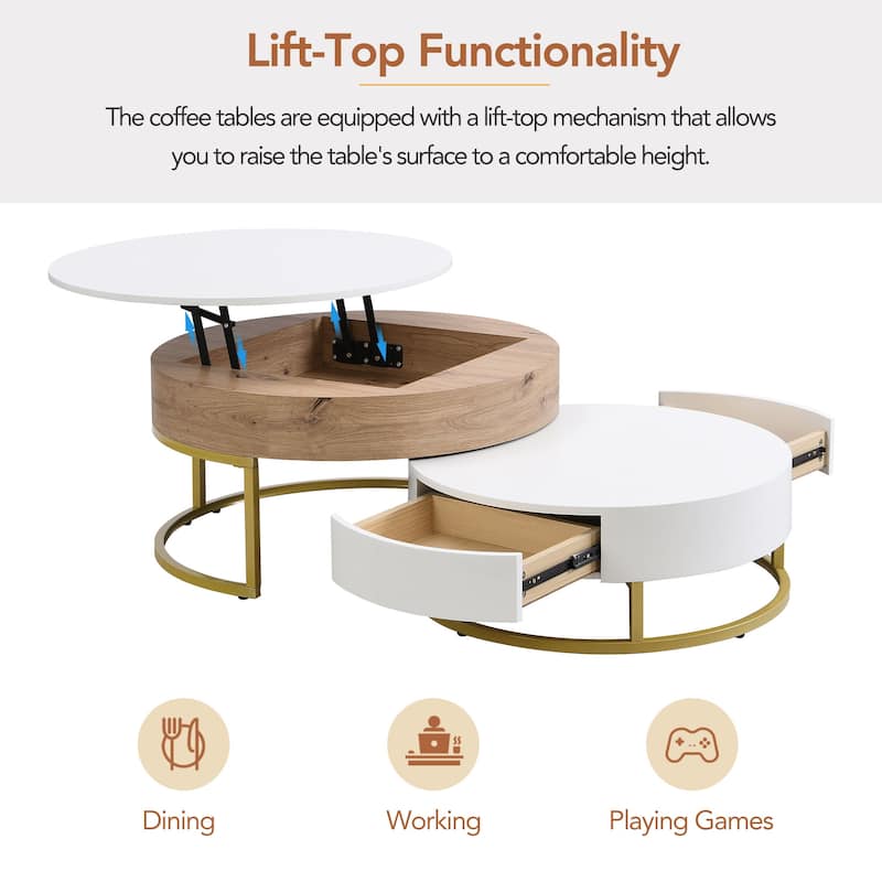 Round Lift-top Nesting Coffee Table w/ 2 Drawer & Metal Frame, Modern Nesting Table Set of 2, Luxury Accent Side Table End Table