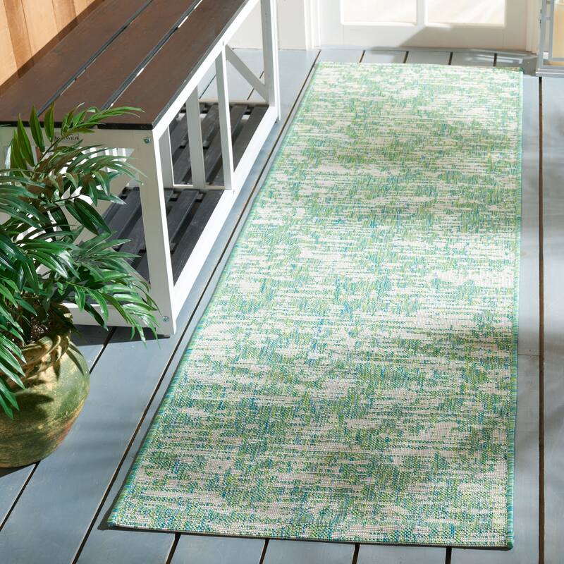 SAFAVIEH Courtyard Simcha Abstract Indoor/ Outdoor Waterproof Patio Backyard Rug - 2'3" x 8' Runner - Green Blue/Ivory