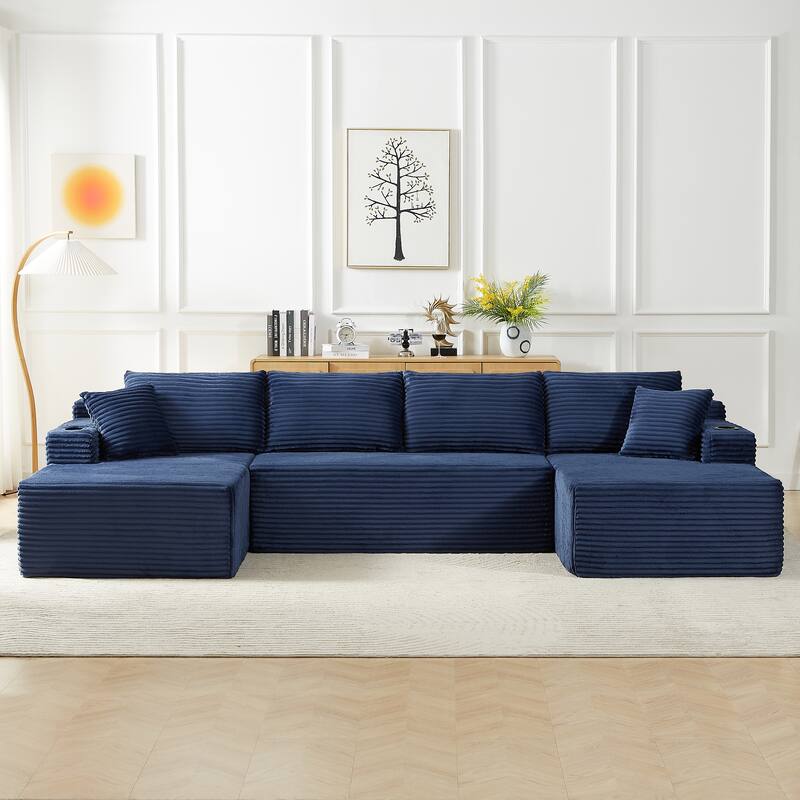Corduroy Upholstery Cloud Modular Sectional Sofa with Chaise and Pillows, All-Foam Compression Design