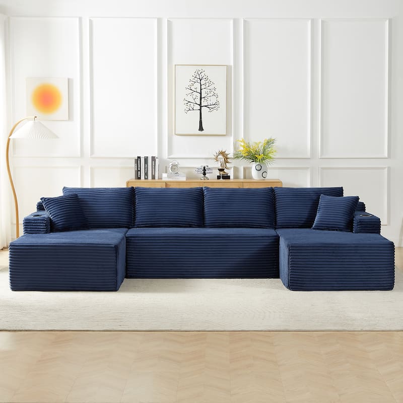 Minimalist Modular Lounge Couch U-shaped Sectional Sofa with Chaise, Corduroy Sleeper Sofa Bed with Side Pockets and Cup Holders