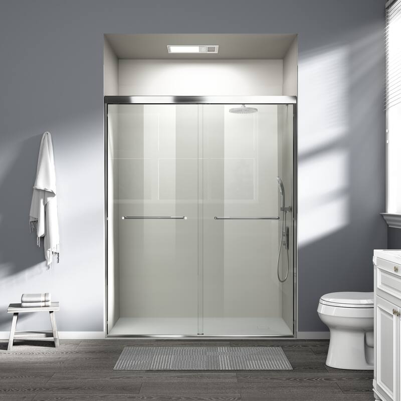 ABRUZZO 56-60" W x 72" H Semi-Frameless Double Sliding Tempered Glass Shower Door with Dual Towel Bars - Chrome