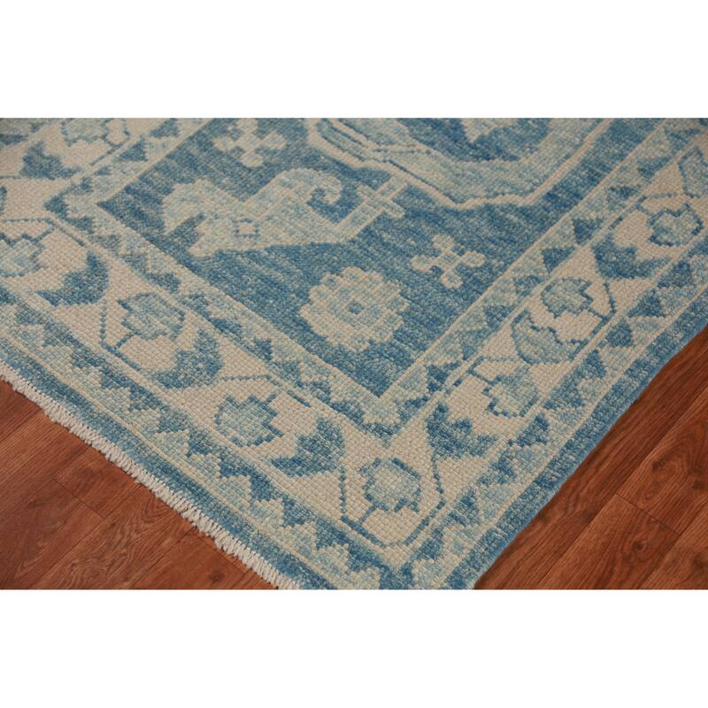Hand Knotted Oriental 100% Wool Carpet Transitional Geometric Navy Blue & Blues Oushak Runner Rug - 18' 8'' X 3' 2''