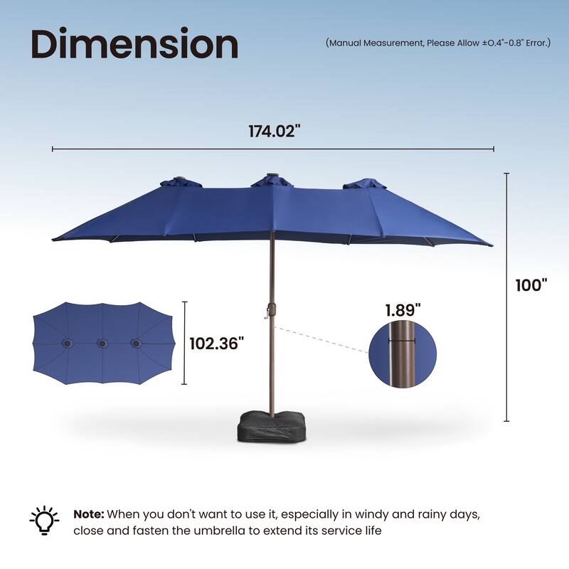 ​OVIOS 15ft Double Side Patio Outdoor Umbrella with Crank & LED Light