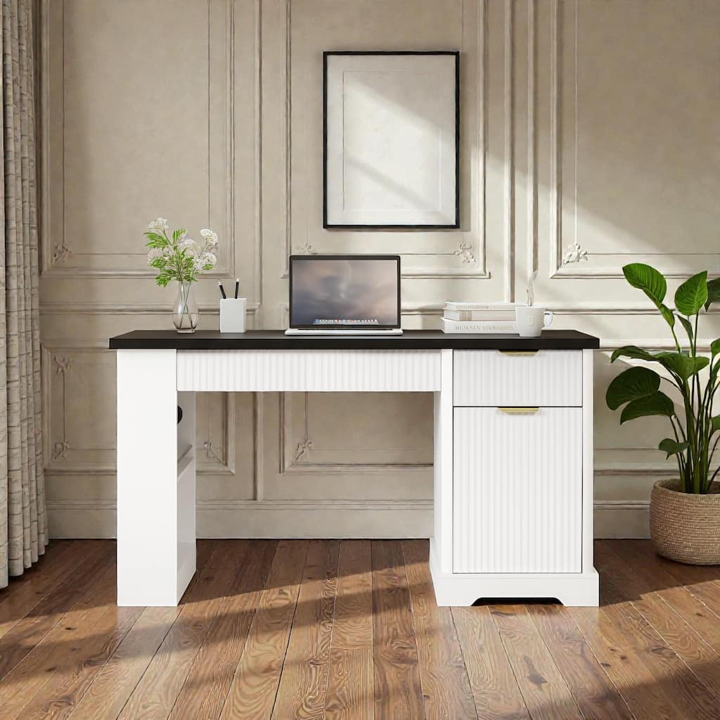 55 Inch Modern Fluted Office Desk with Storage Cabinet and Drawers, Computer Desk with Power Outlet Pegboard