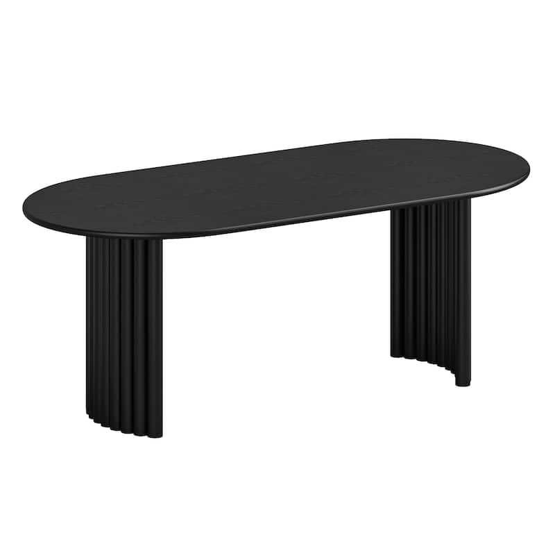 Oval Dining Table with Arc-Shaped Edge Top and Stripes Base Modern Farmhouse Kitchen Table for Living Room Dining Room