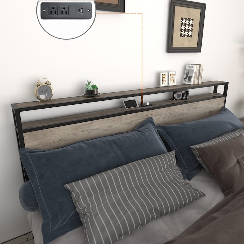 Metal Platform Bed Full Bed Frame with Storage Headboard, LED Lights & Charging Station, 4 Storage Drawers, Noise-Free,Gray Wash