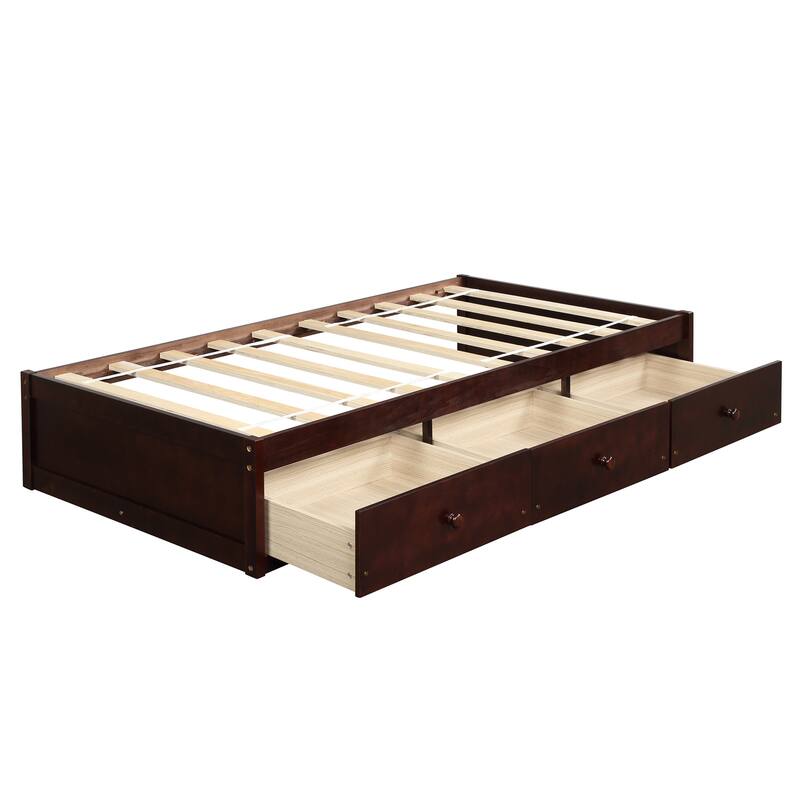 Twin Size Storage Platform Bed with 3 Drawers, Wood Slat Support, No Headboard