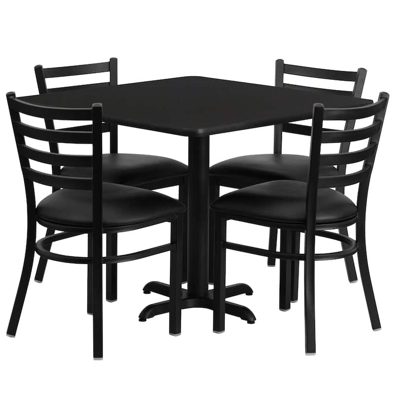 36'' Square Laminate Table Set with X-Base and 4 Ladder Back Metal Chairs -  Black Top/Black Vinyl Seat