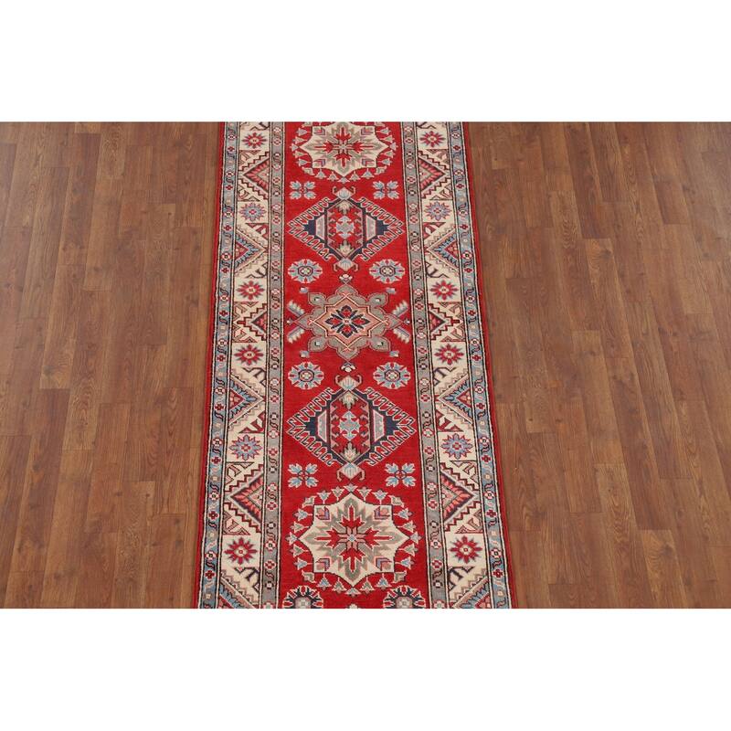 Geometric Kazak Oriental Runner Rug Hand-Knotted Red Wool Carpet - 2'8" x 9'7"