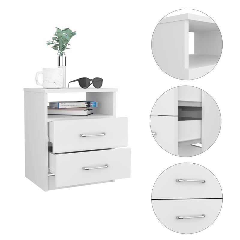 White 2-Drawer 1-Shelf Rectangle Nightstand