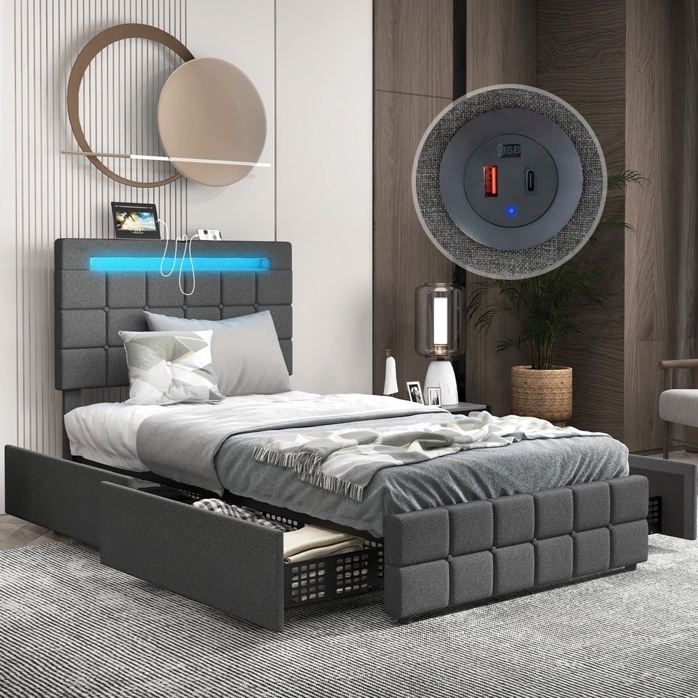 Twin Upholstered Platform Bed LED Headboard Charging Station Storage